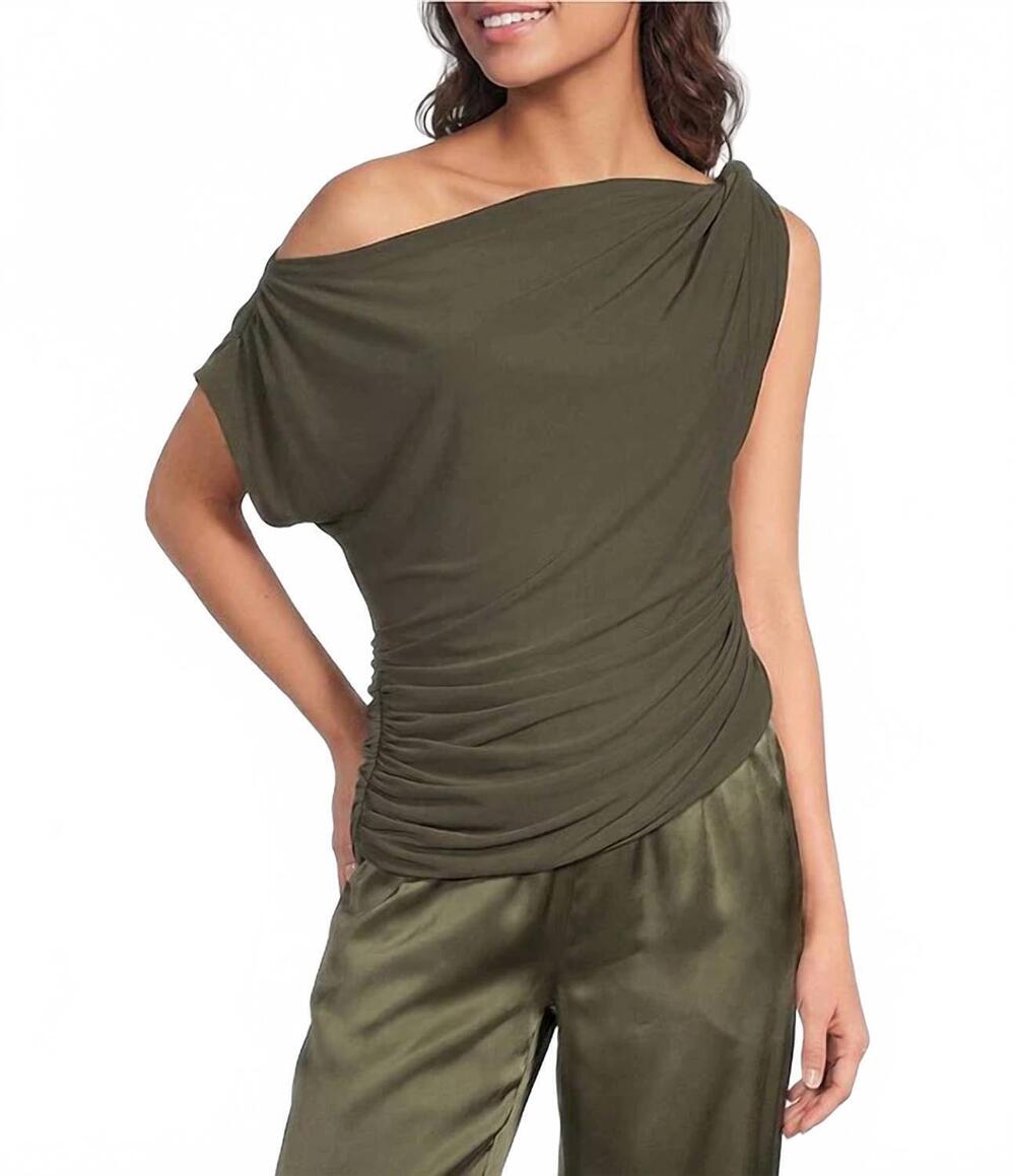 NEW LUCY PARIS benny asymmetrical draped neck mesh top in olive